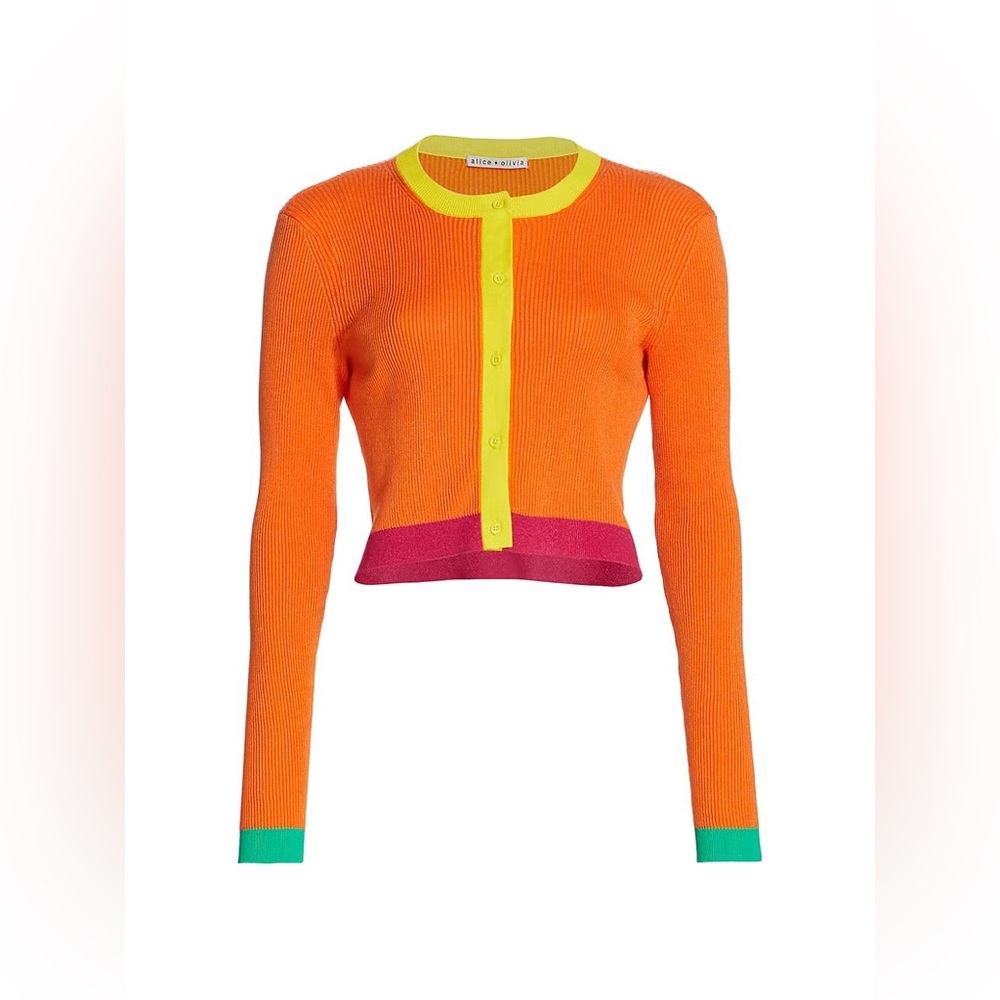 ALICE + OLIVIA Rhoda Cropped Color blocked Cardigan Women’s Size Medium Orange